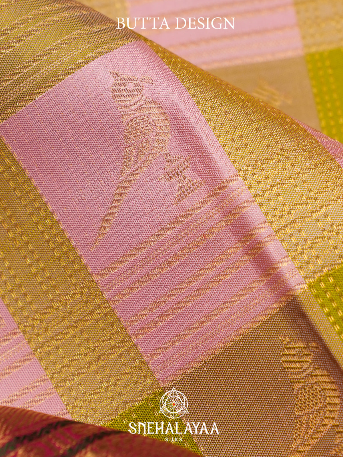Pastel Pink and Lime Green Checked Kanjivaram Silk Saree with Rani Pink Peacock Zari Border