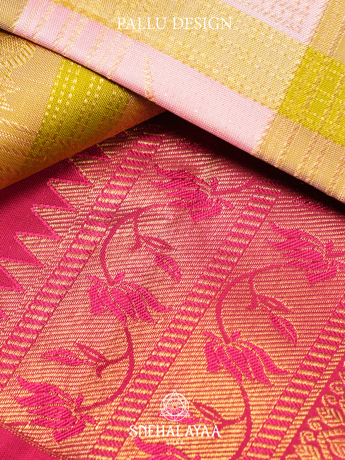 Pastel Pink and Lime Green Checked Kanjivaram Silk Saree with Rani Pink Peacock Zari Border