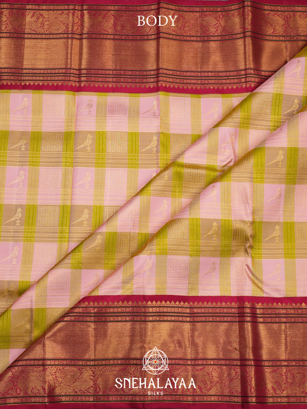 Pastel Pink and Lime Green Checked Kanjivaram Silk Saree with Rani Pink Peacock Zari Border