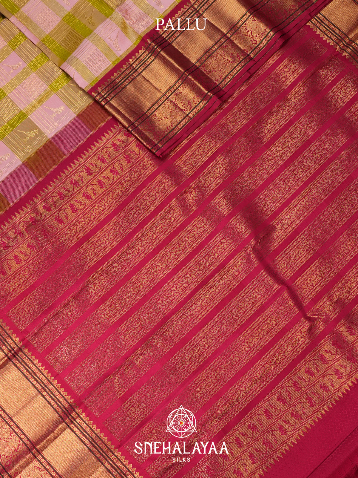 Pastel Pink and Lime Green Checked Kanjivaram Silk Saree with Rani Pink Peacock Zari Border