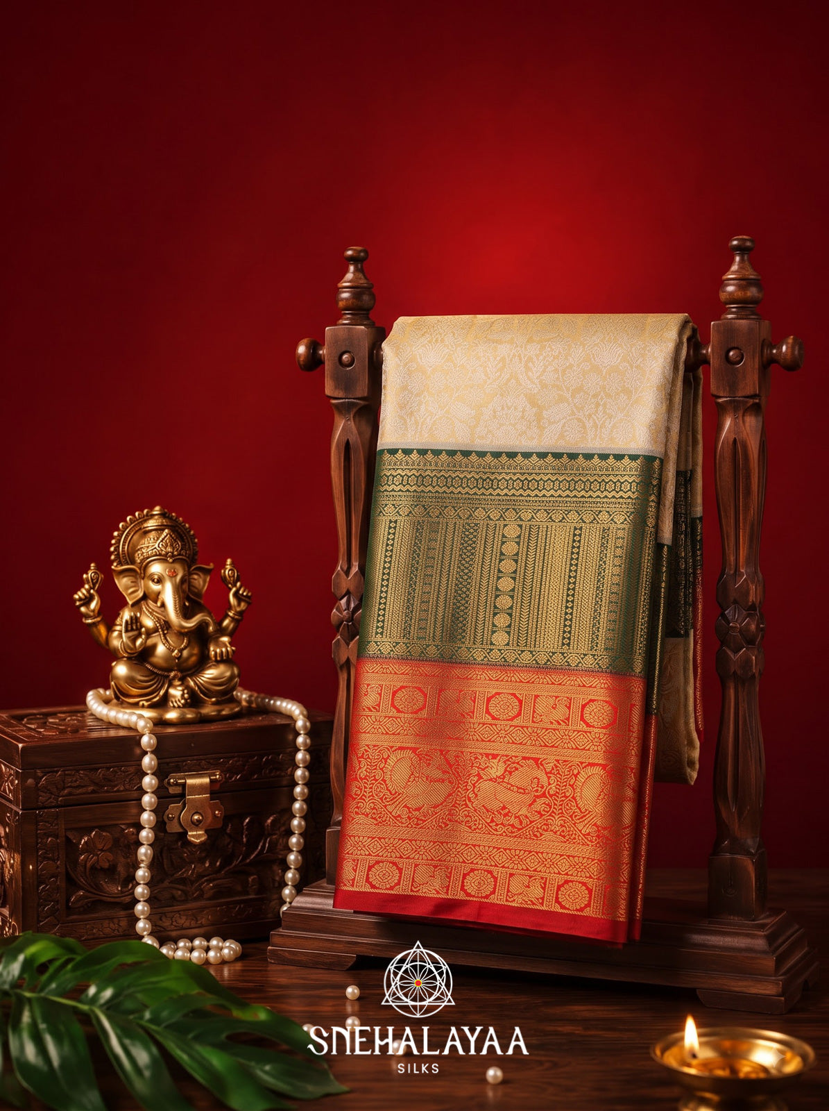 Beige Kanjivaram Silk Saree with Red and Green Zari Border