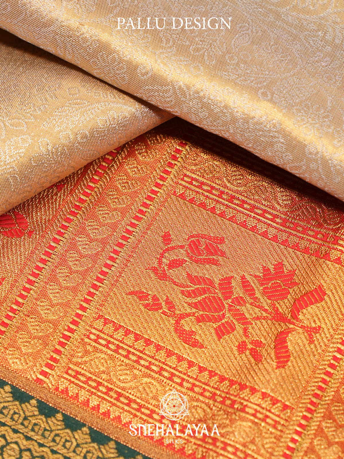 Beige Kanjivaram Silk Saree with Red and Green Zari Border