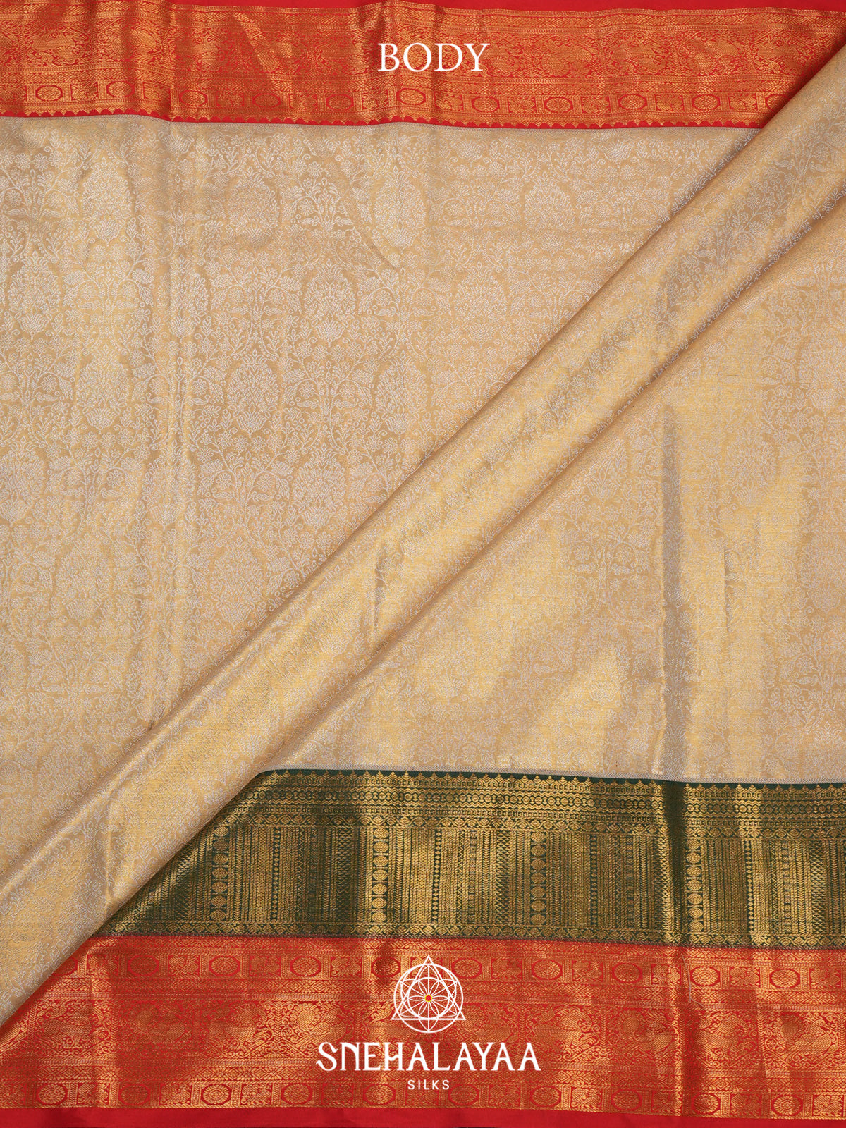 Beige Kanjivaram Silk Saree with Red and Green Zari Border