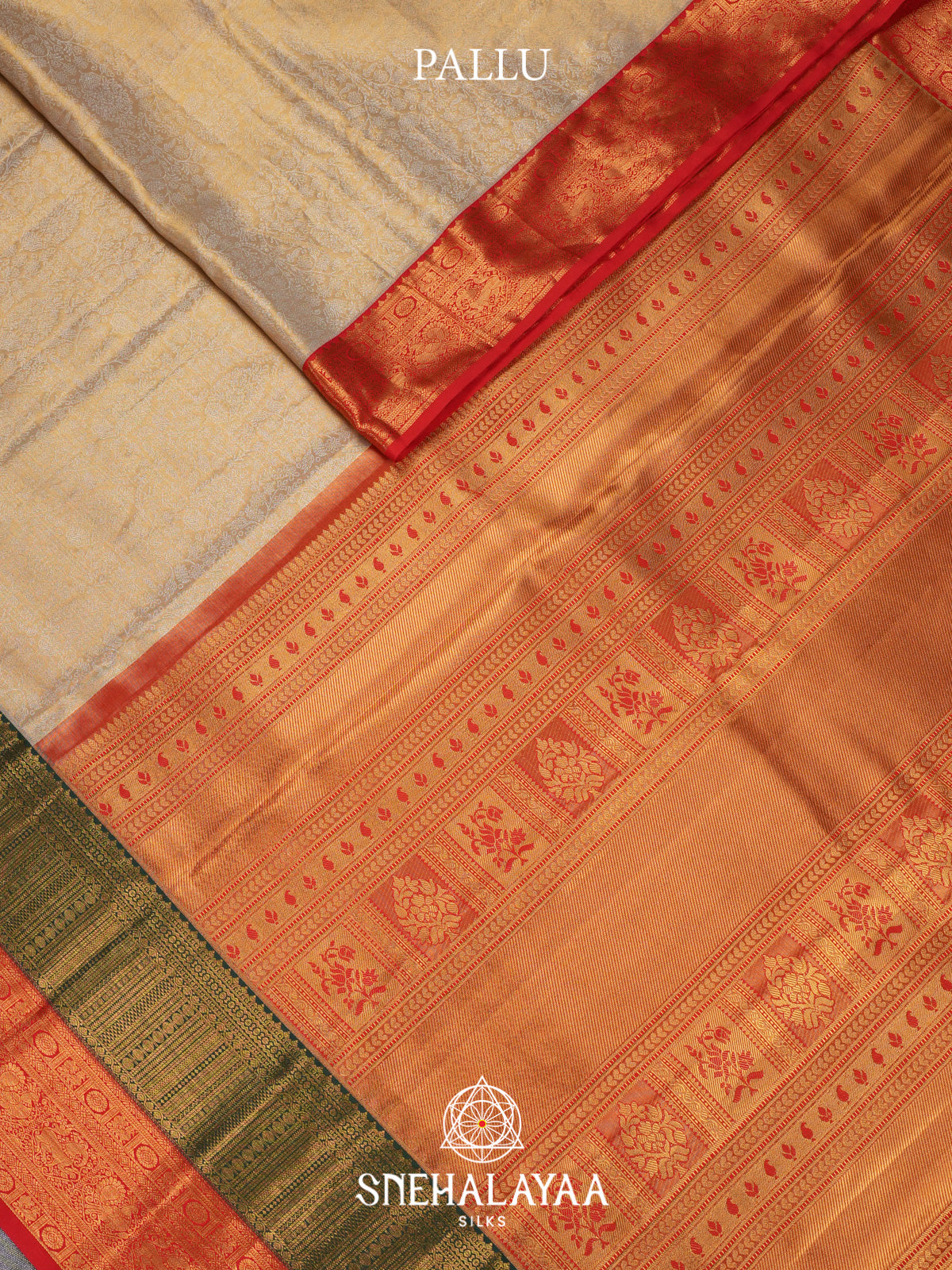 Beige Kanjivaram Silk Saree with Red and Green Zari Border