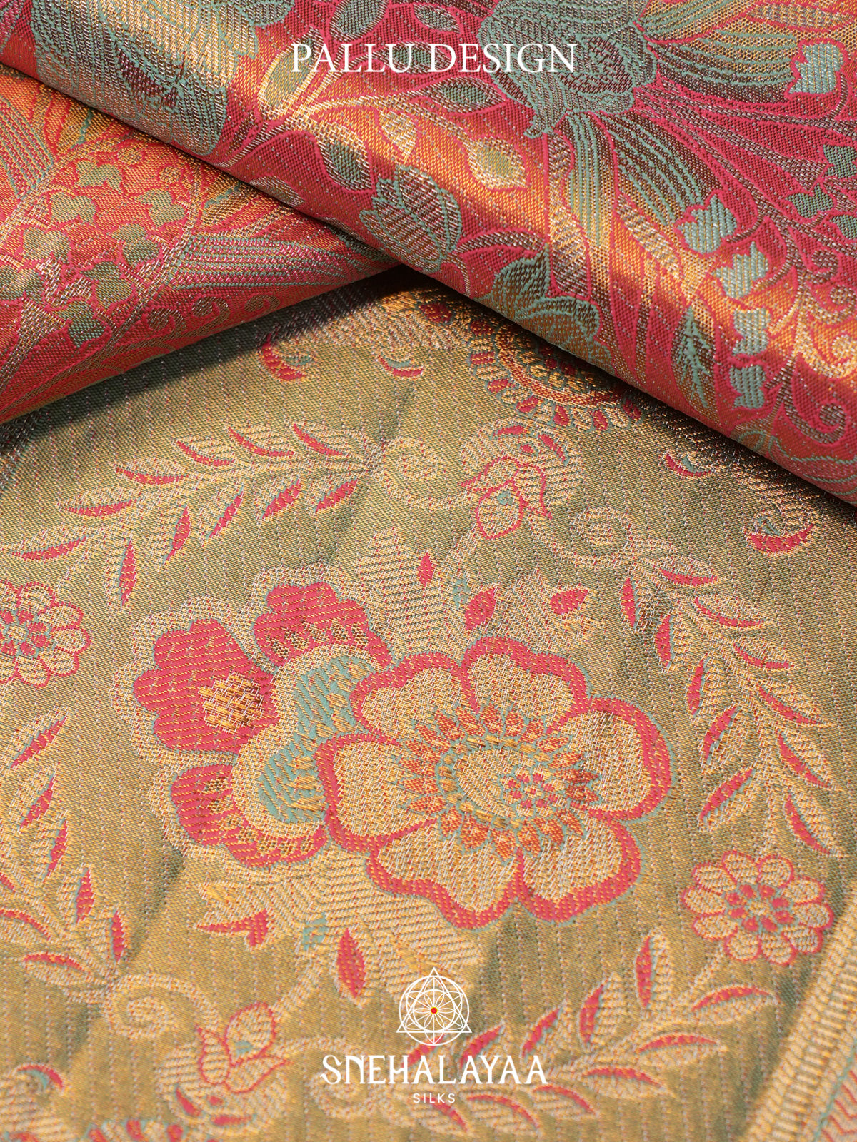 Coral Pink Kanjivaram Silk Saree with Floral Brocade and Aqua Blue Peacock Zari Border