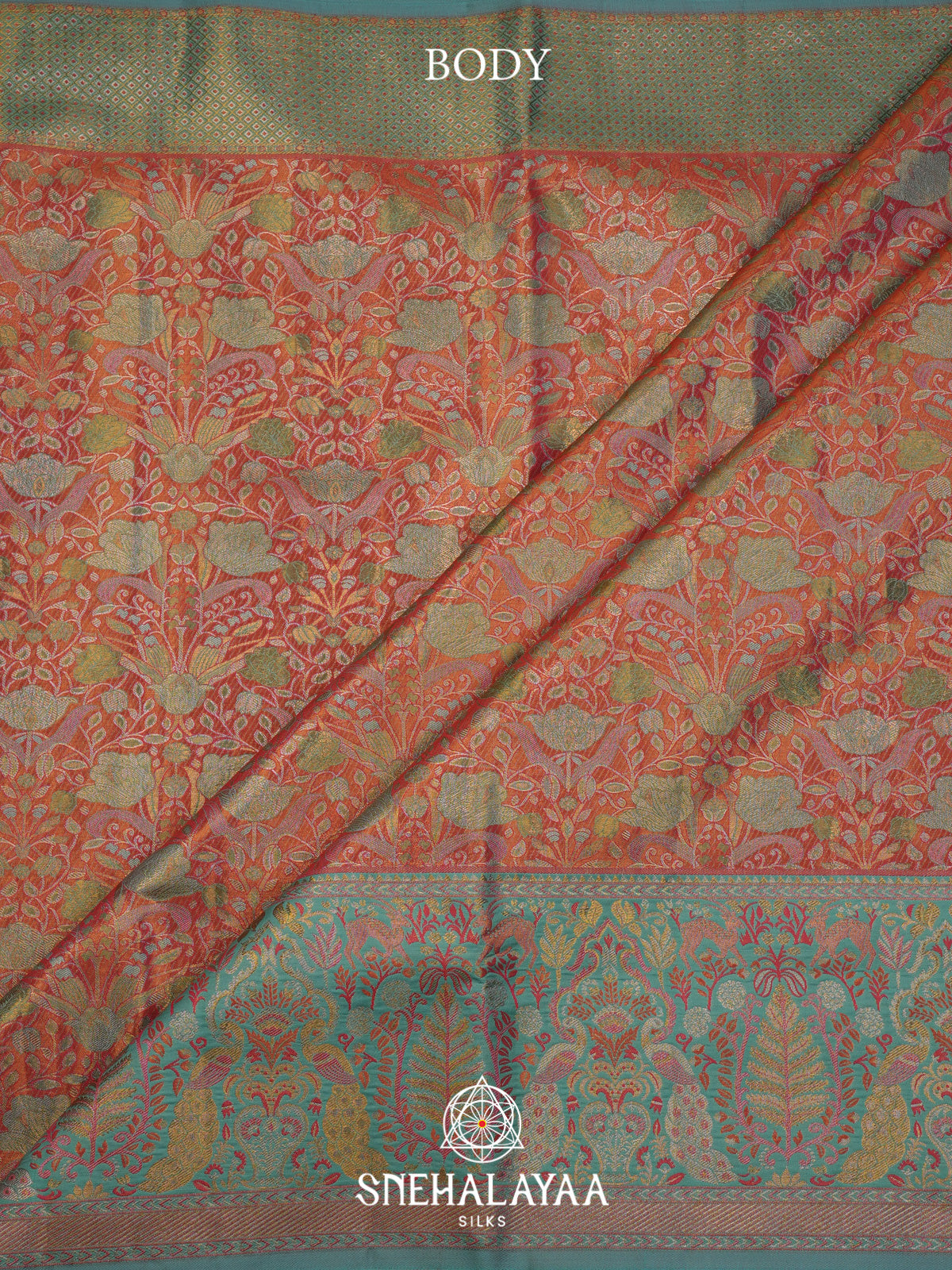 Coral Pink Kanjivaram Silk Saree with Floral Brocade and Aqua Blue Peacock Zari Border