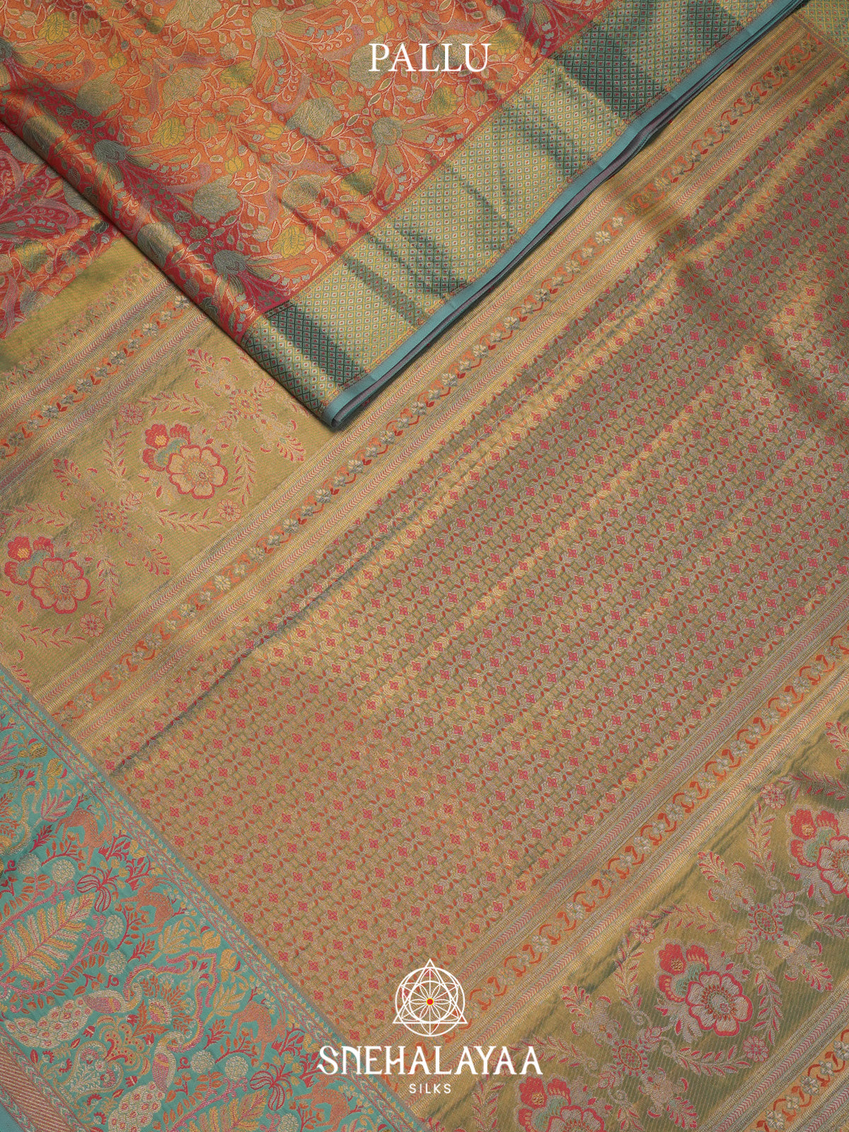 Coral Pink Kanjivaram Silk Saree with Floral Brocade and Aqua Blue Peacock Zari Border