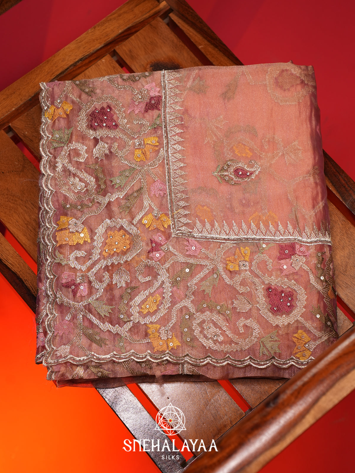 Peach Embroidered Organza Saree