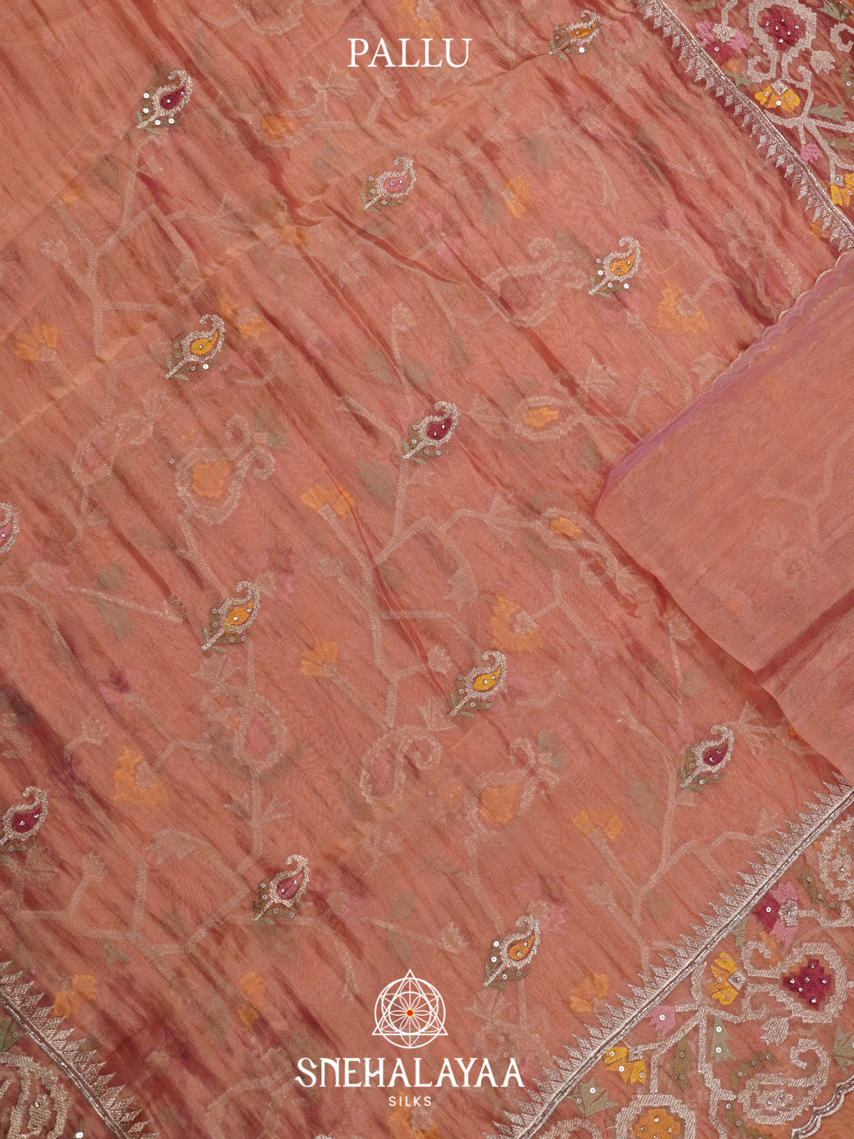 Peach Embroidered Organza Saree