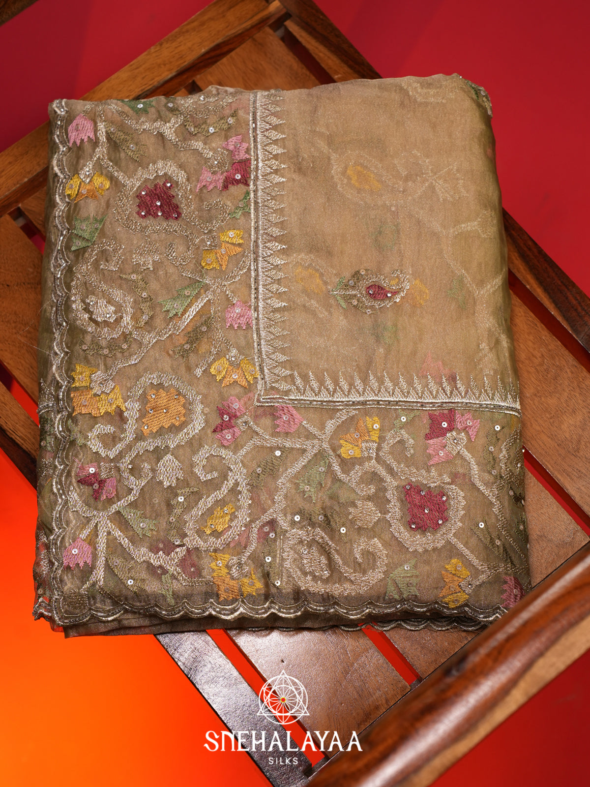 Beige Embroidered Organza Saree