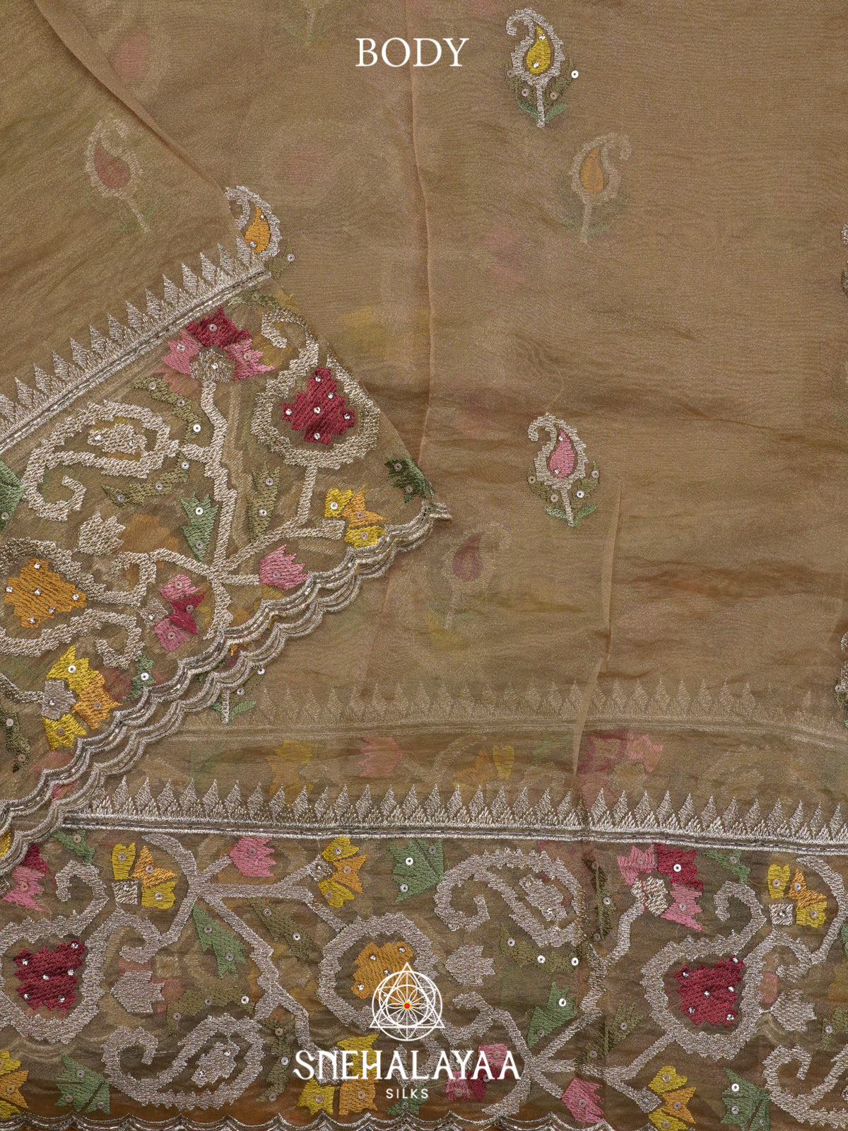 Beige Embroidered Organza Saree