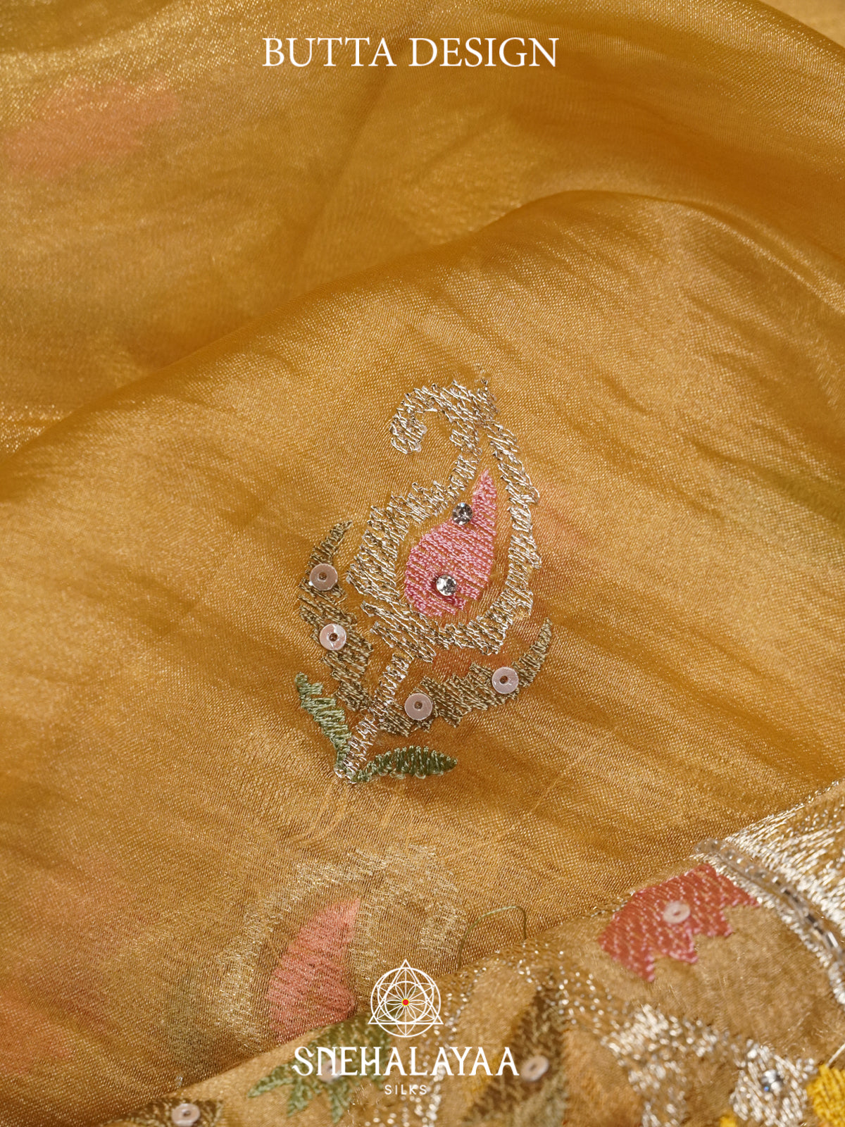 Antique Gold Embroidered Organza Saree