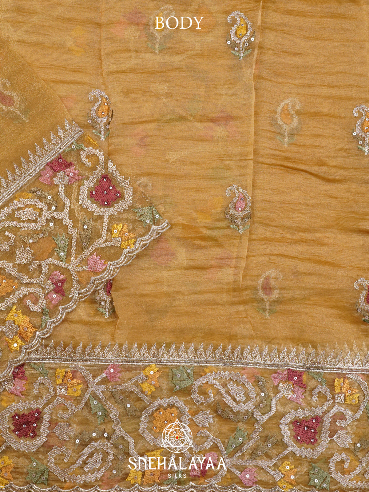 Antique Gold Embroidered Organza Saree