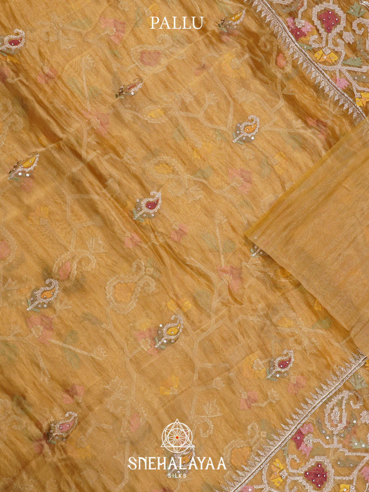 Antique Gold Embroidered Organza Saree