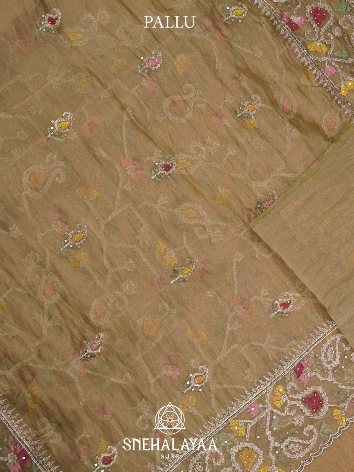 Ochre Beige Embroidered Organza Saree