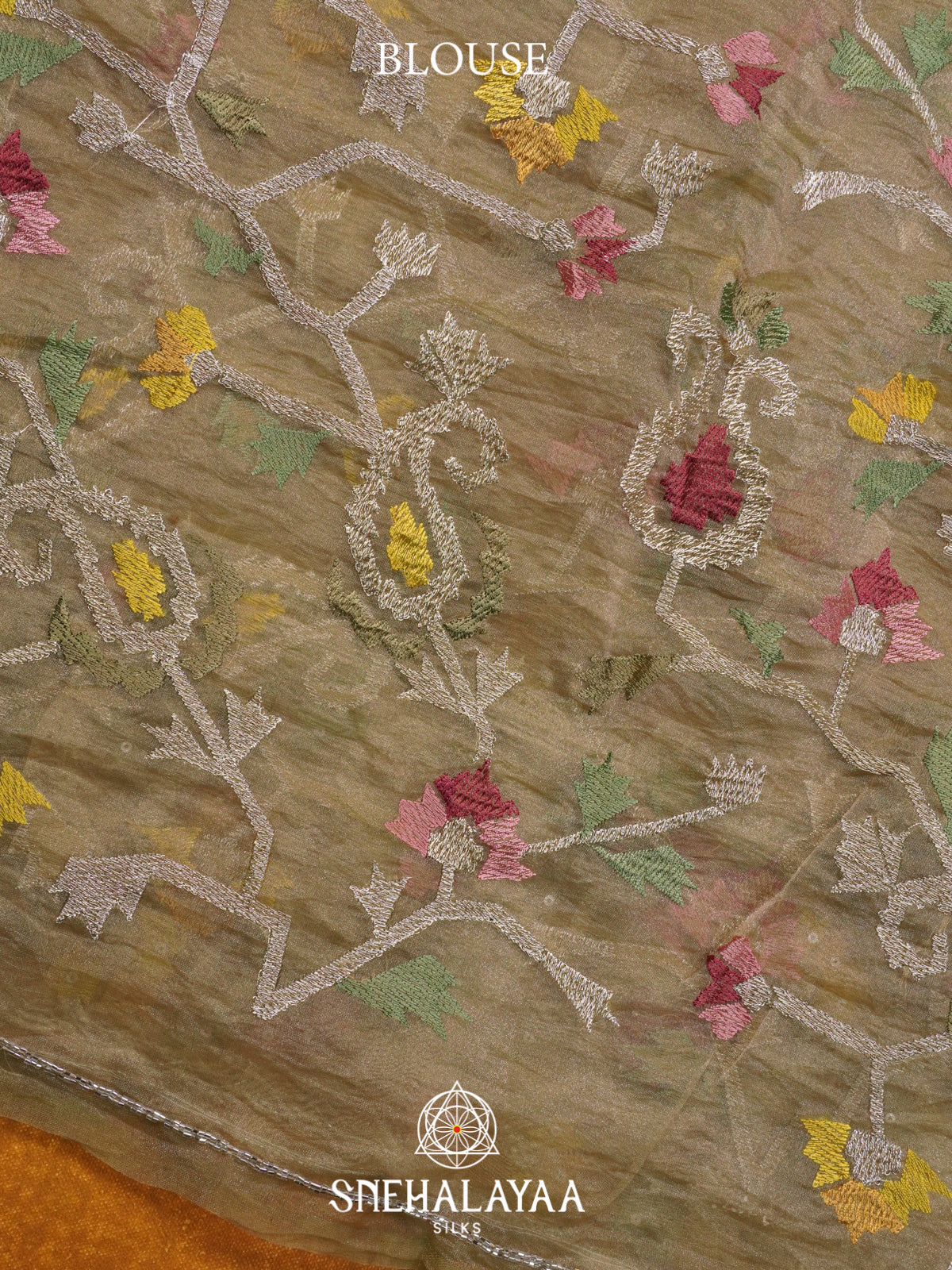 Ochre Beige Embroidered Organza Saree