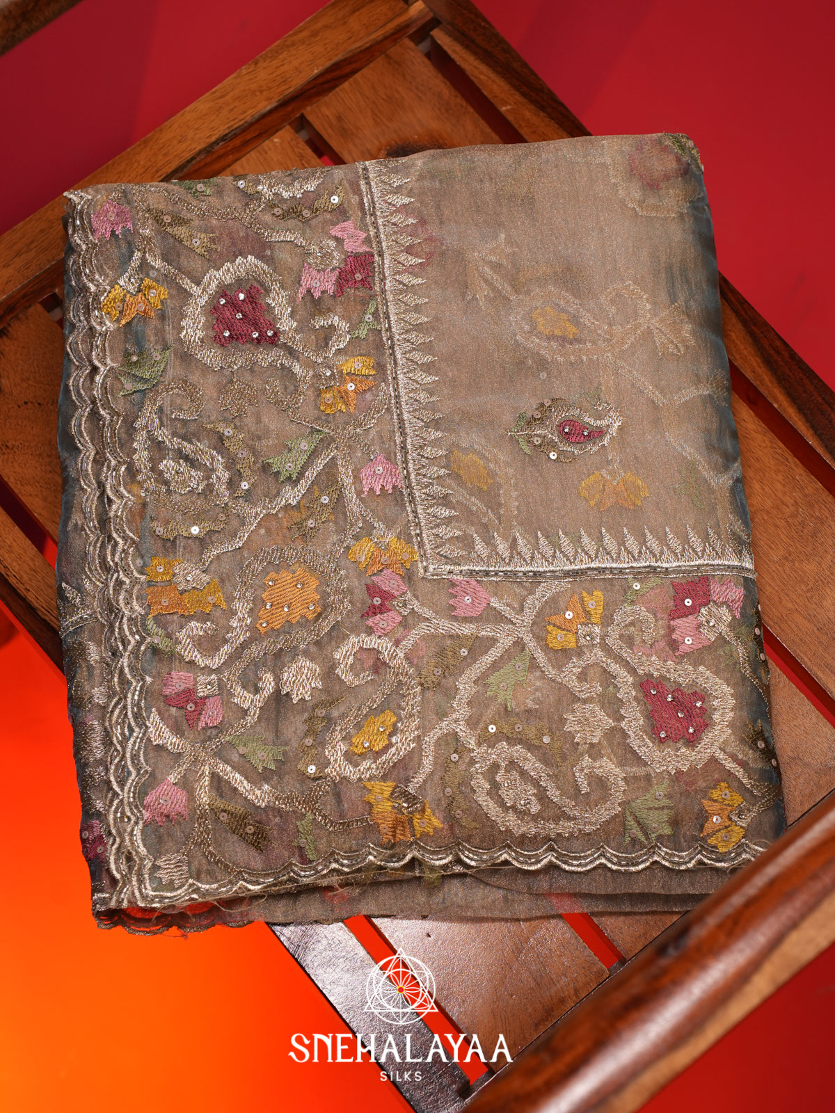 Rose Gold Embroidered Organza Saree