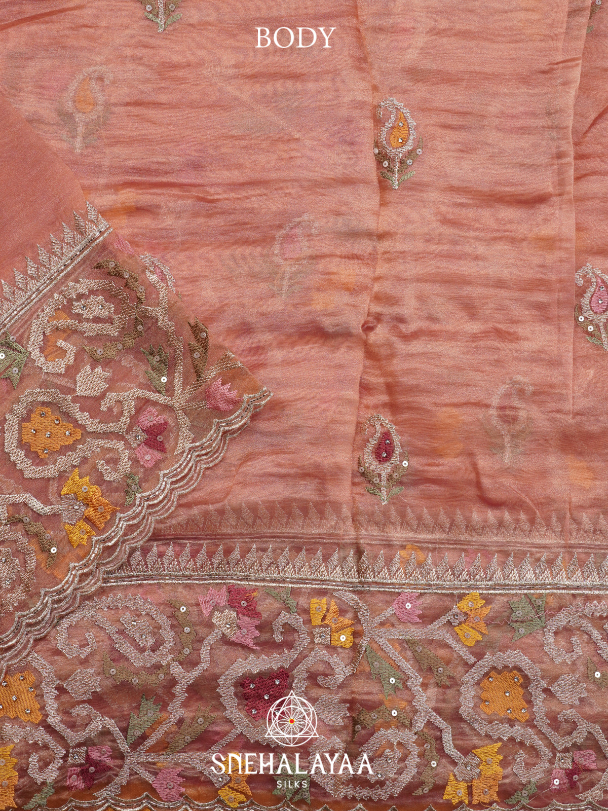 Peach Embroidered Organza Saree