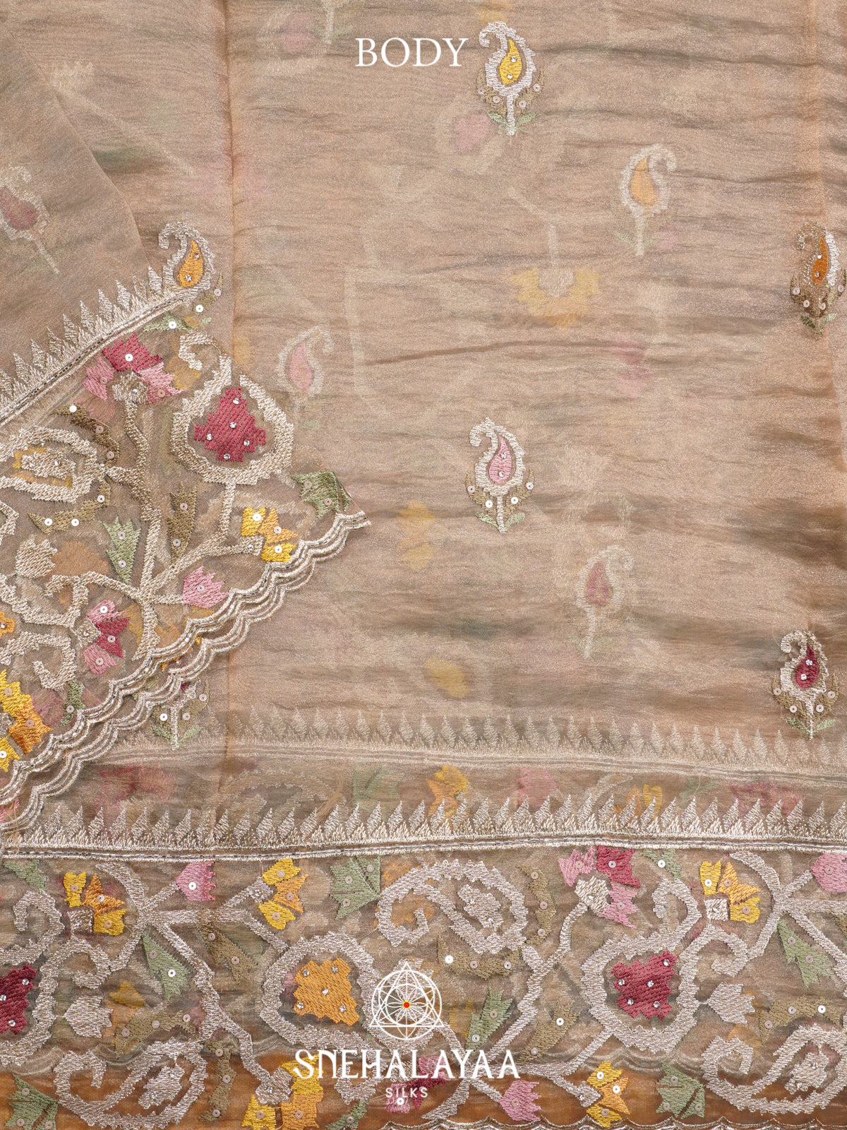 Taupe Embroidered Organza Saree
