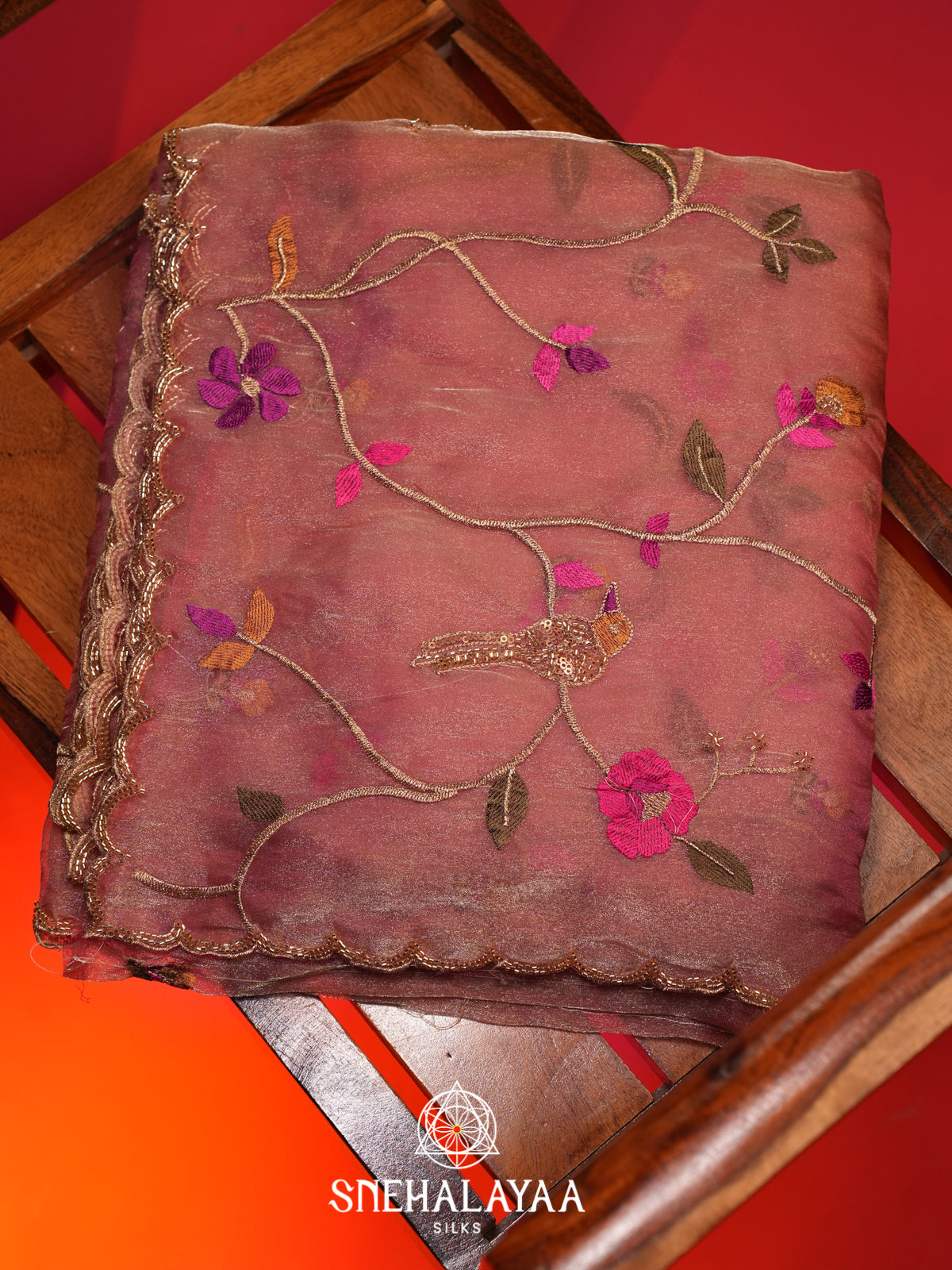 Peach Embroidered Organza Saree