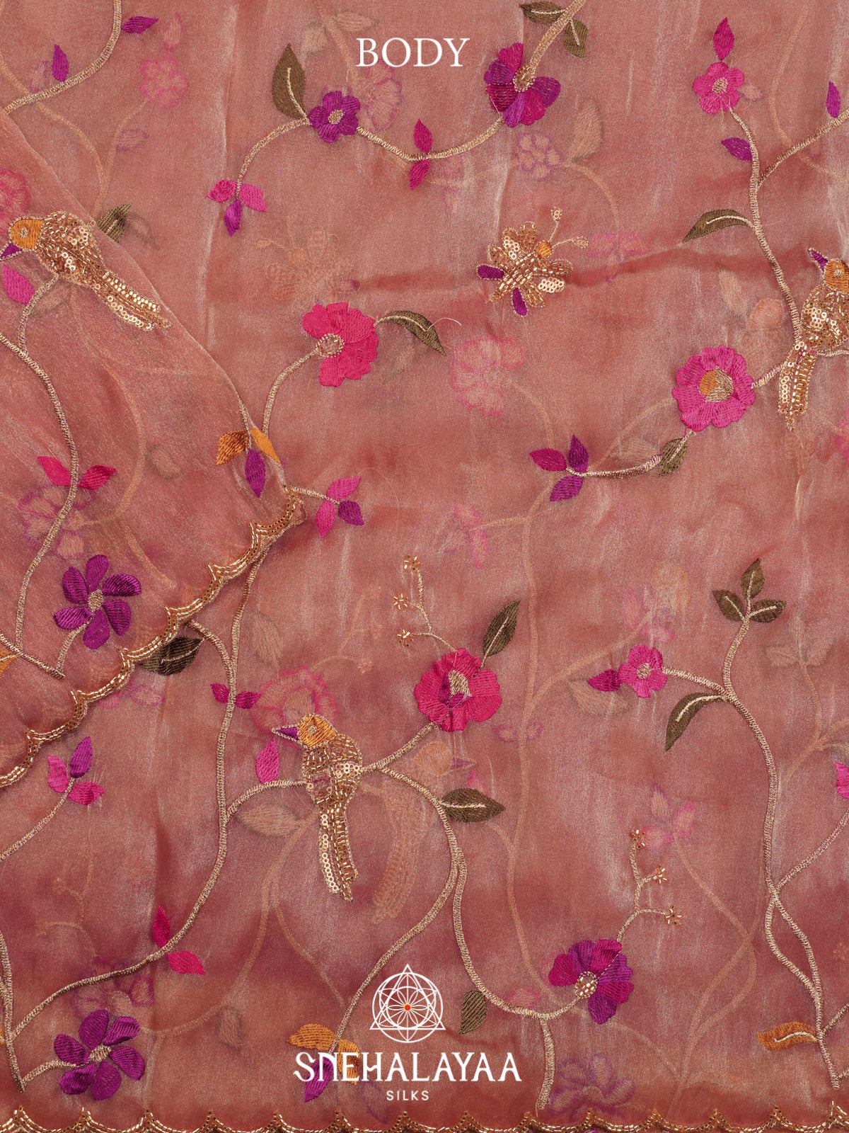 Peach Embroidered Organza Saree