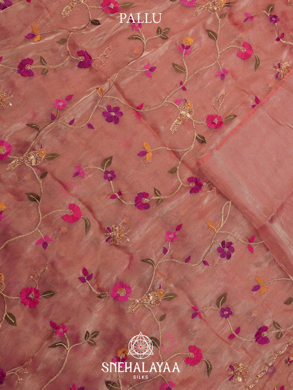 Peach Embroidered Organza Saree