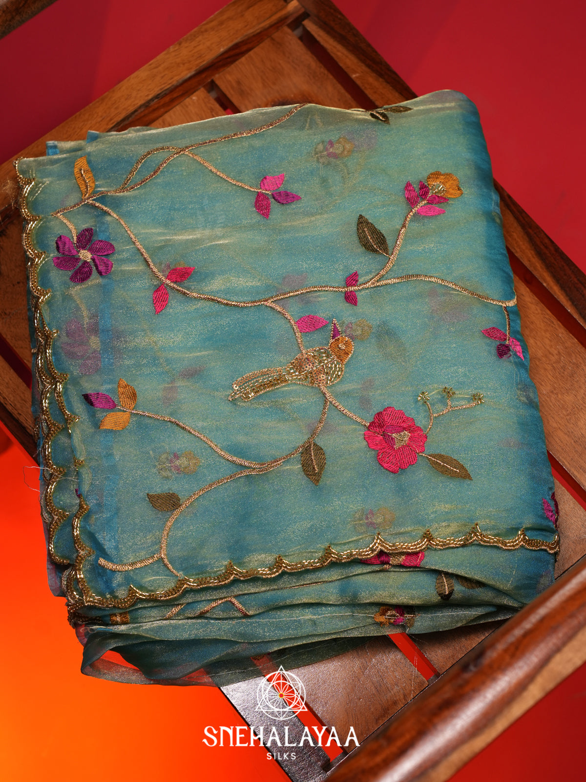 Blue Embroidered Organza Saree