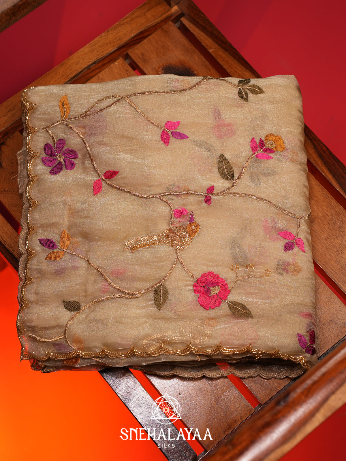 Beige Embroidered Organza Saree