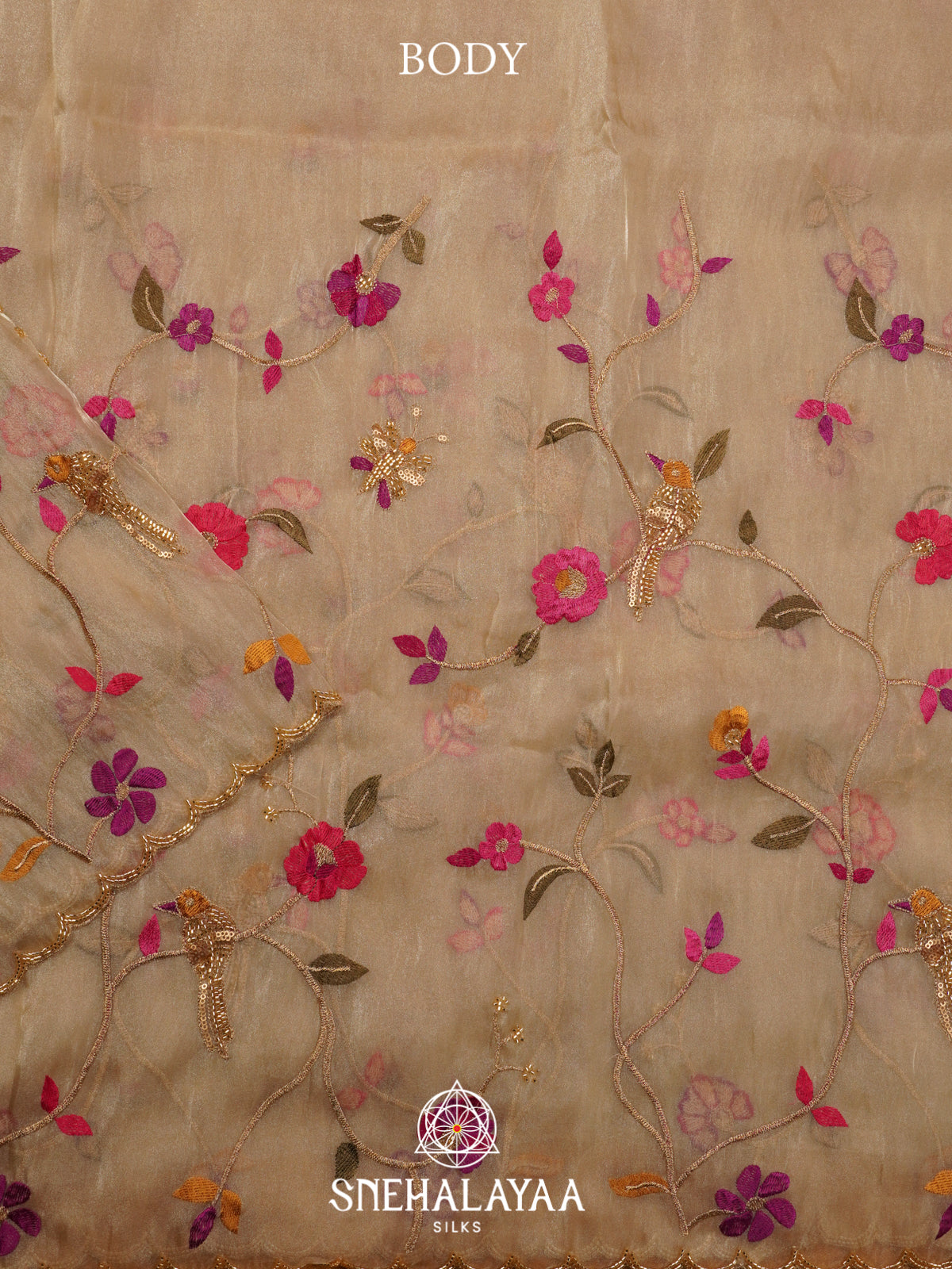 Beige Embroidered Organza Saree