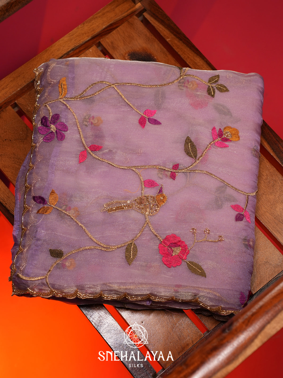Lilac Embroidered Organza Saree