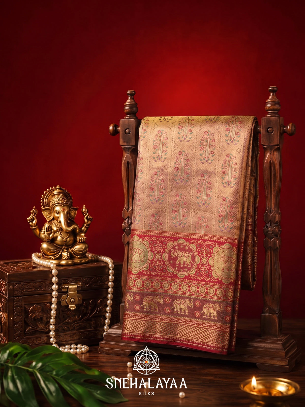 Peach Gold Kanjivaram Silk Saree with Red Zari Border