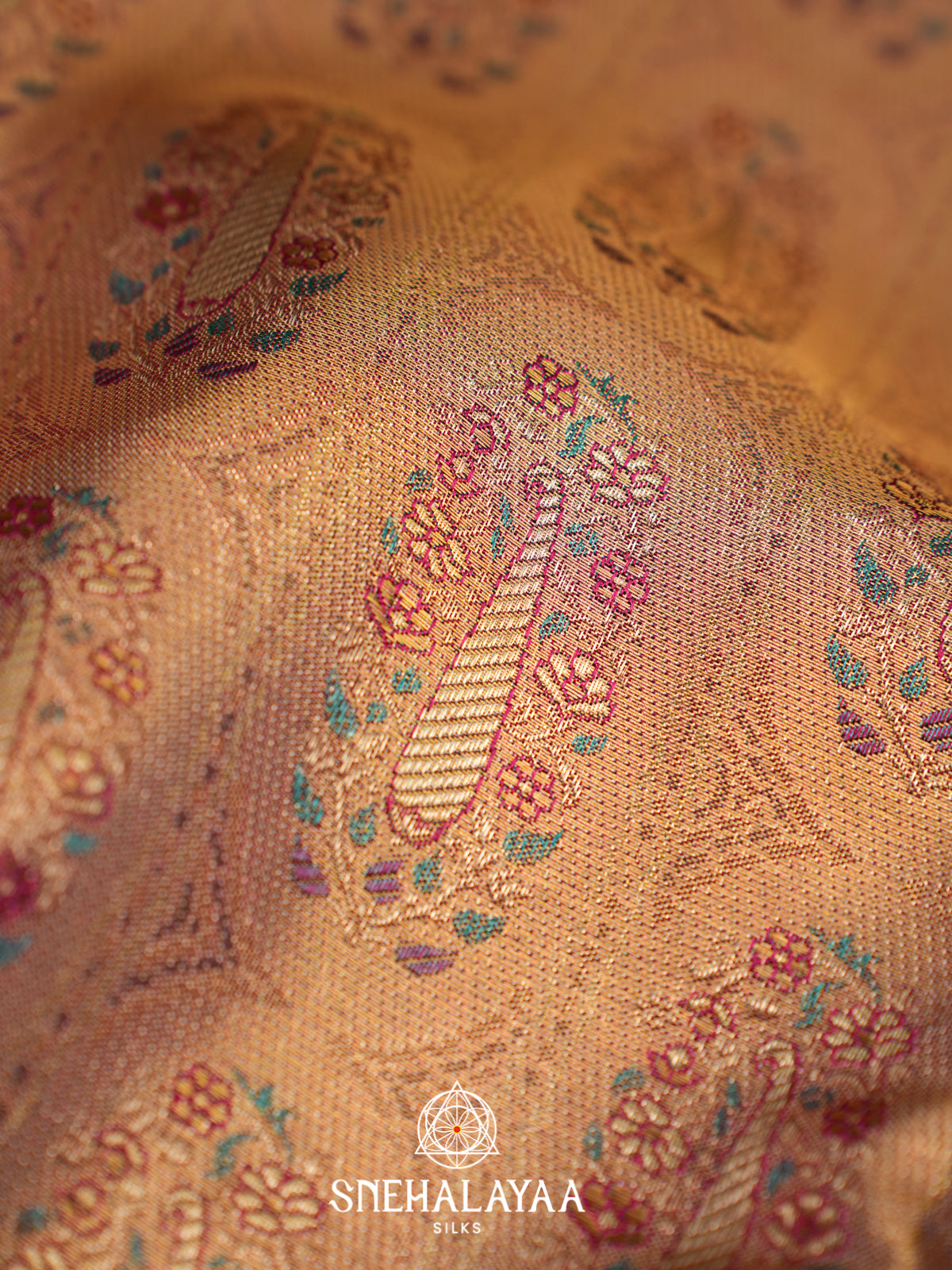Peach Gold Kanjivaram Silk Saree with Red Zari Border