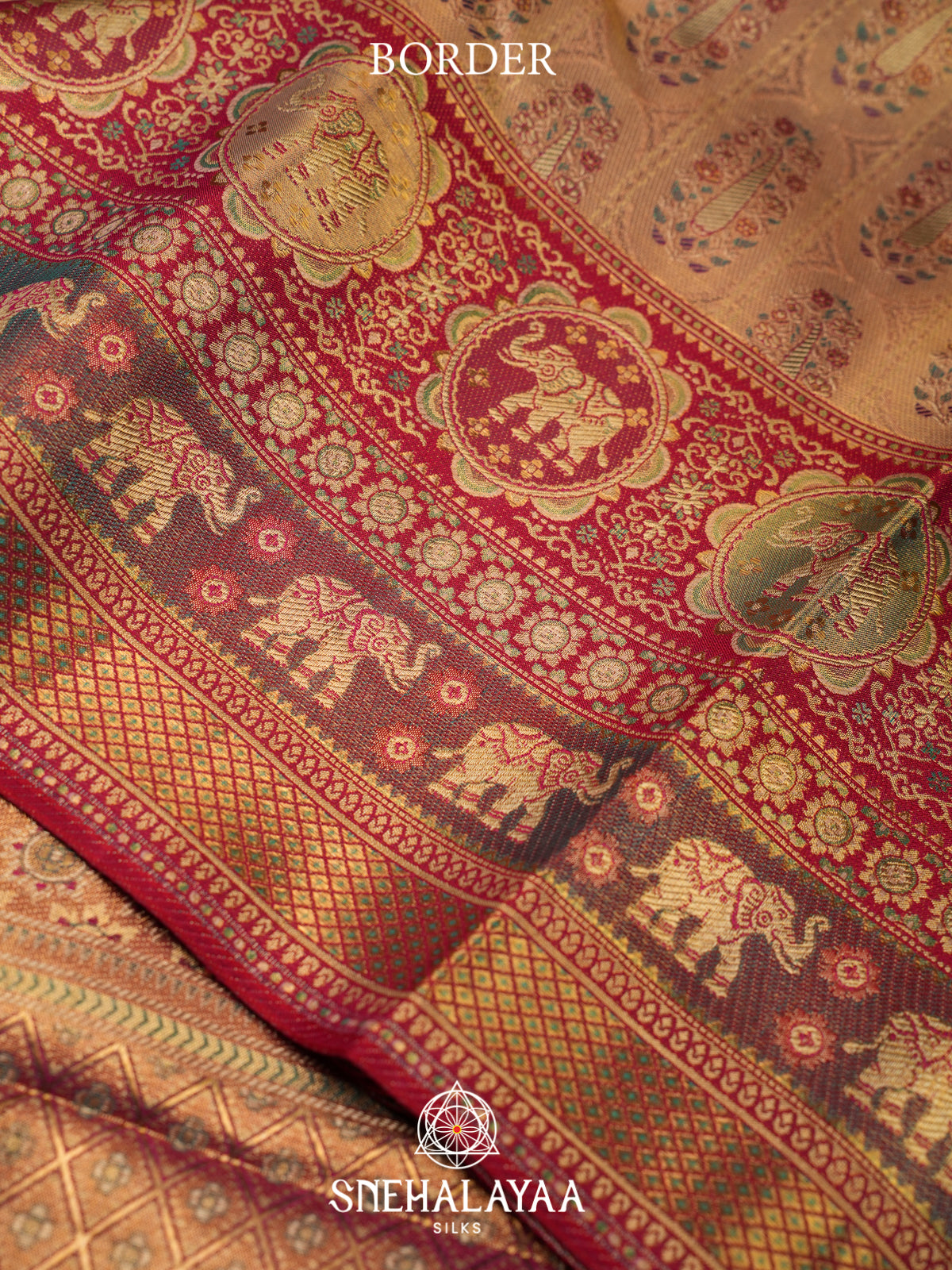 Peach Gold Kanjivaram Silk Saree with Red Zari Border