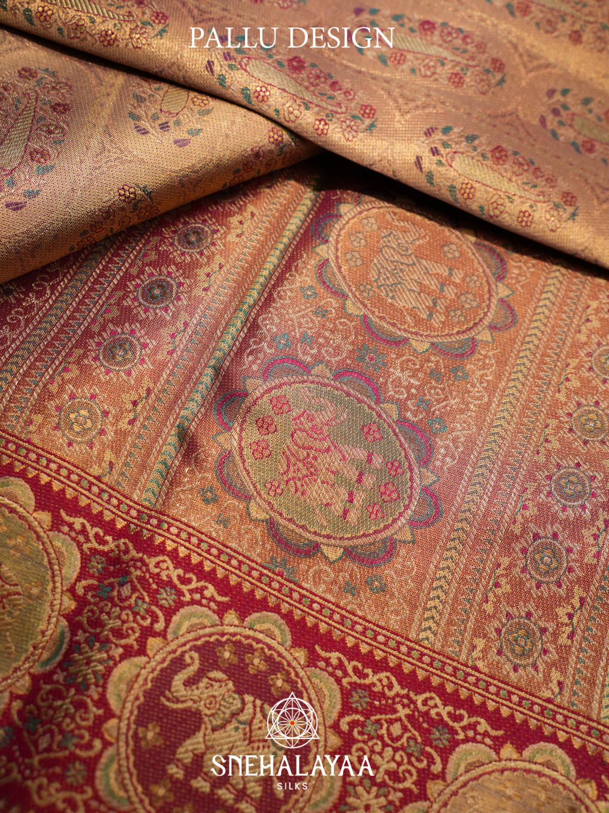 Peach Gold Kanjivaram Silk Saree with Red Zari Border