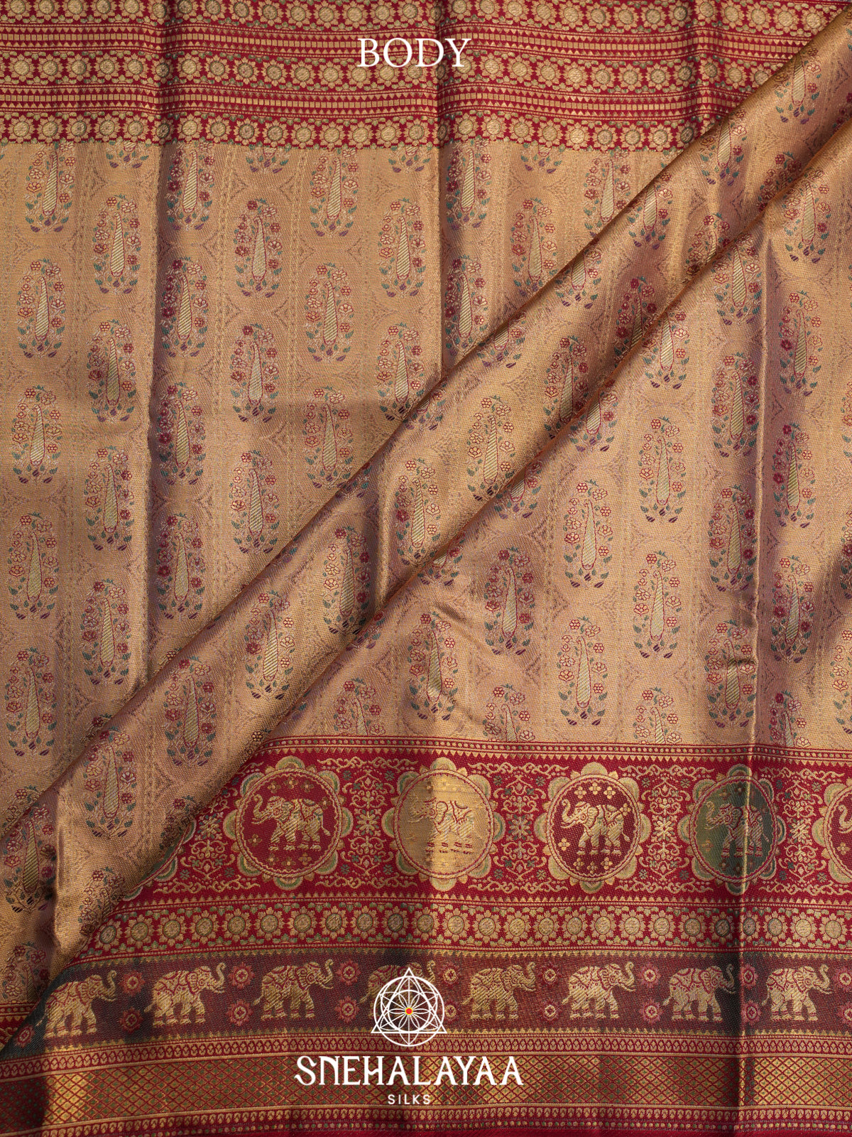 Peach Gold Kanjivaram Silk Saree with Red Zari Border