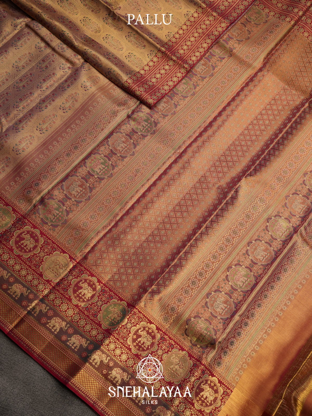 Peach Gold Kanjivaram Silk Saree with Red Zari Border