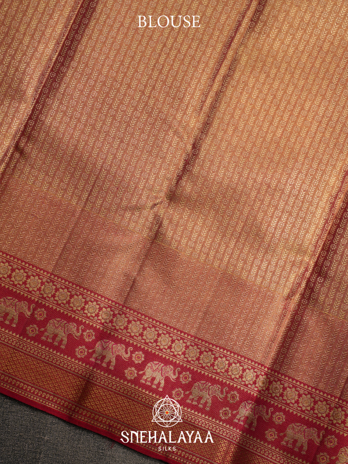 Peach Gold Kanjivaram Silk Saree with Red Zari Border