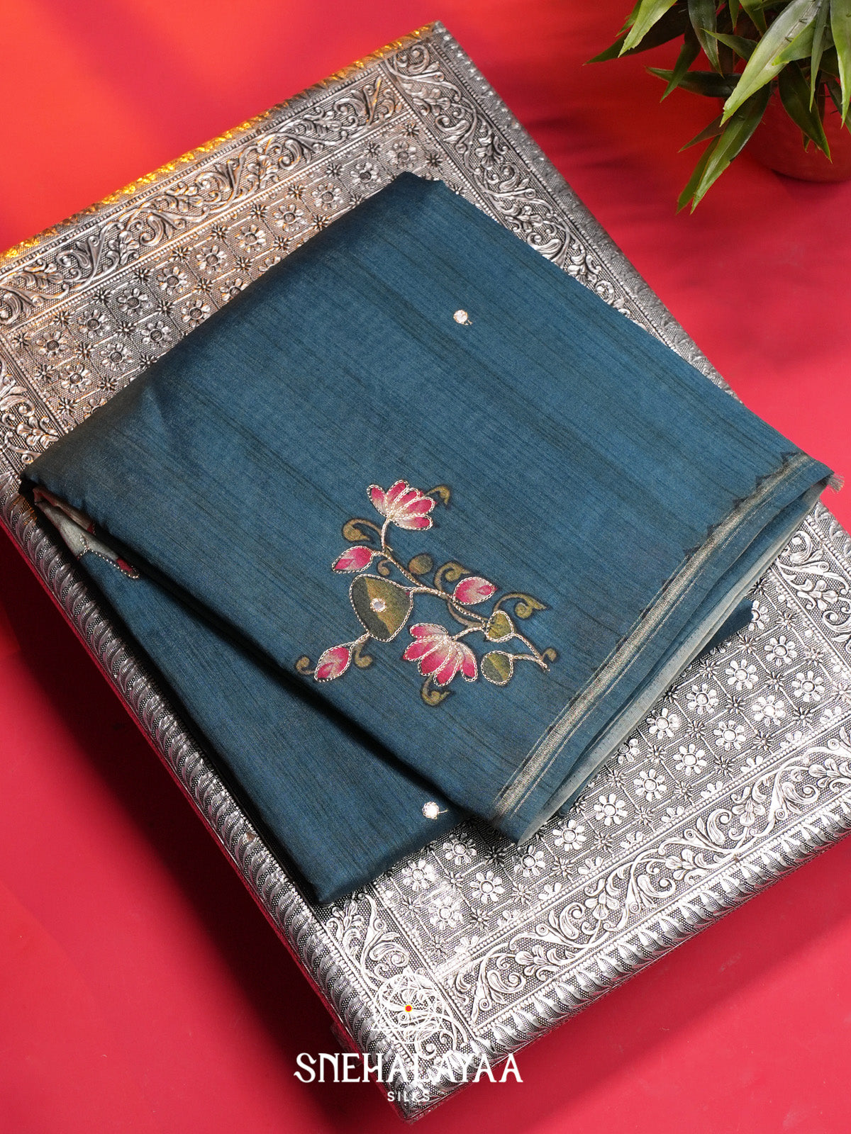 Teal Blue Tussar Saree