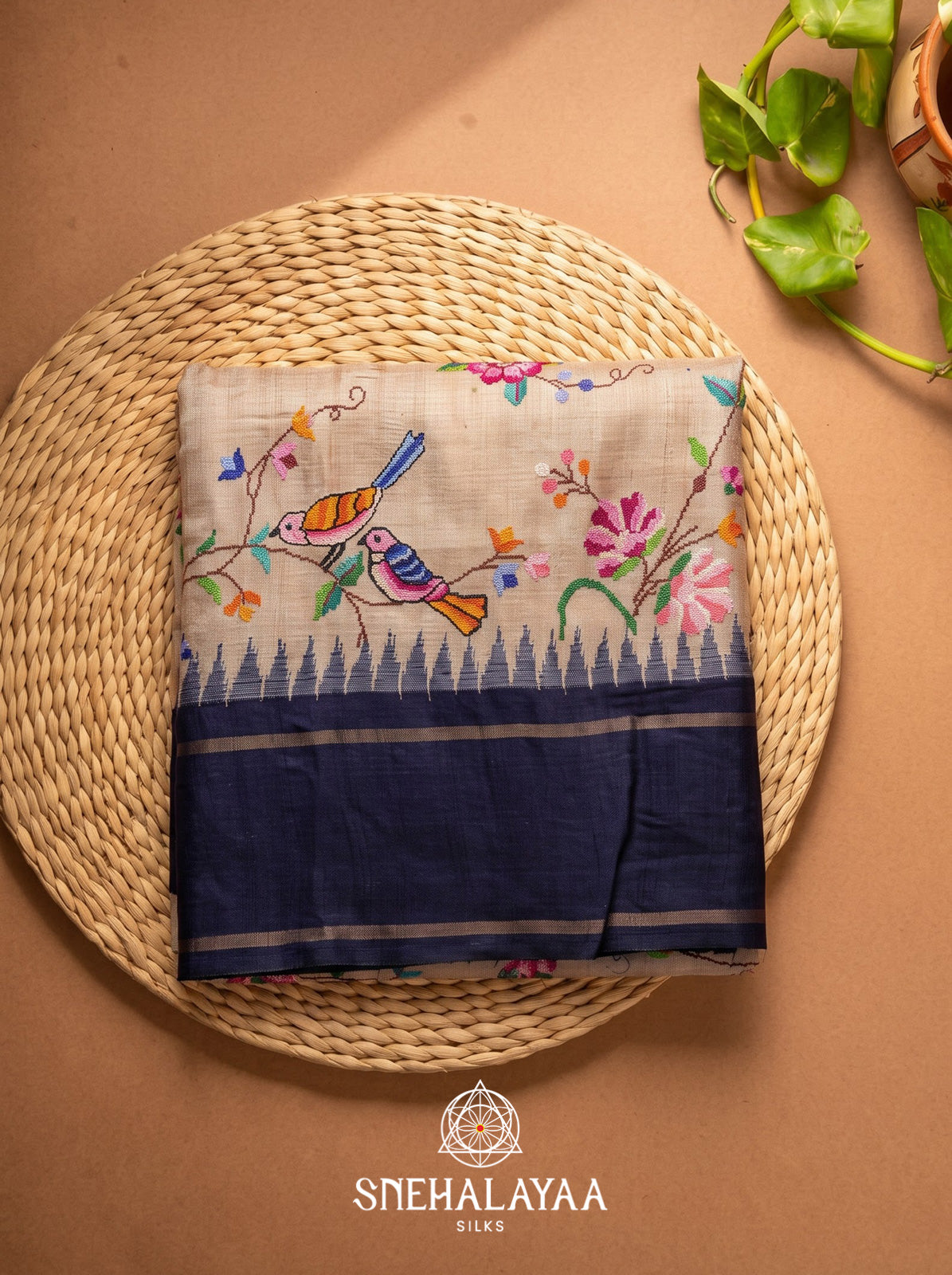 Beige Floral Embroidered Tussar Silk Saree with Blue Border