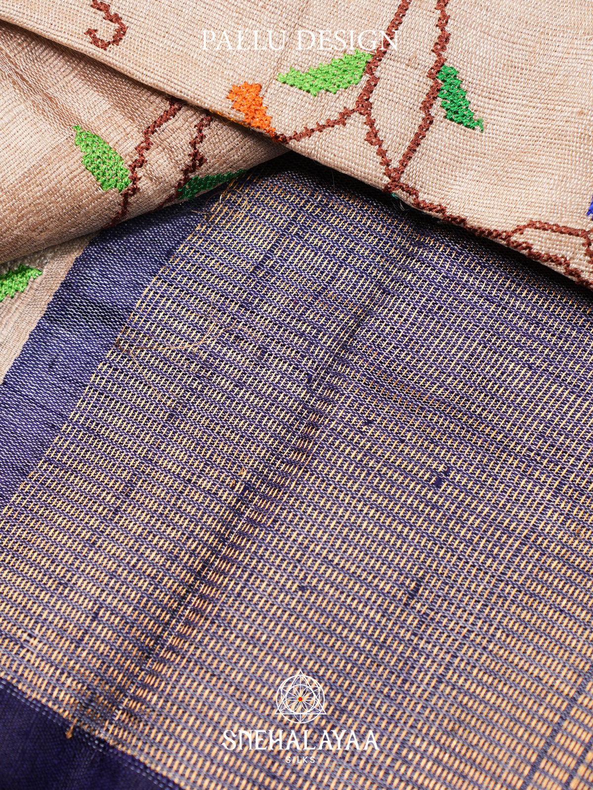 Beige Floral Embroidered Tussar Silk Saree with Blue Border