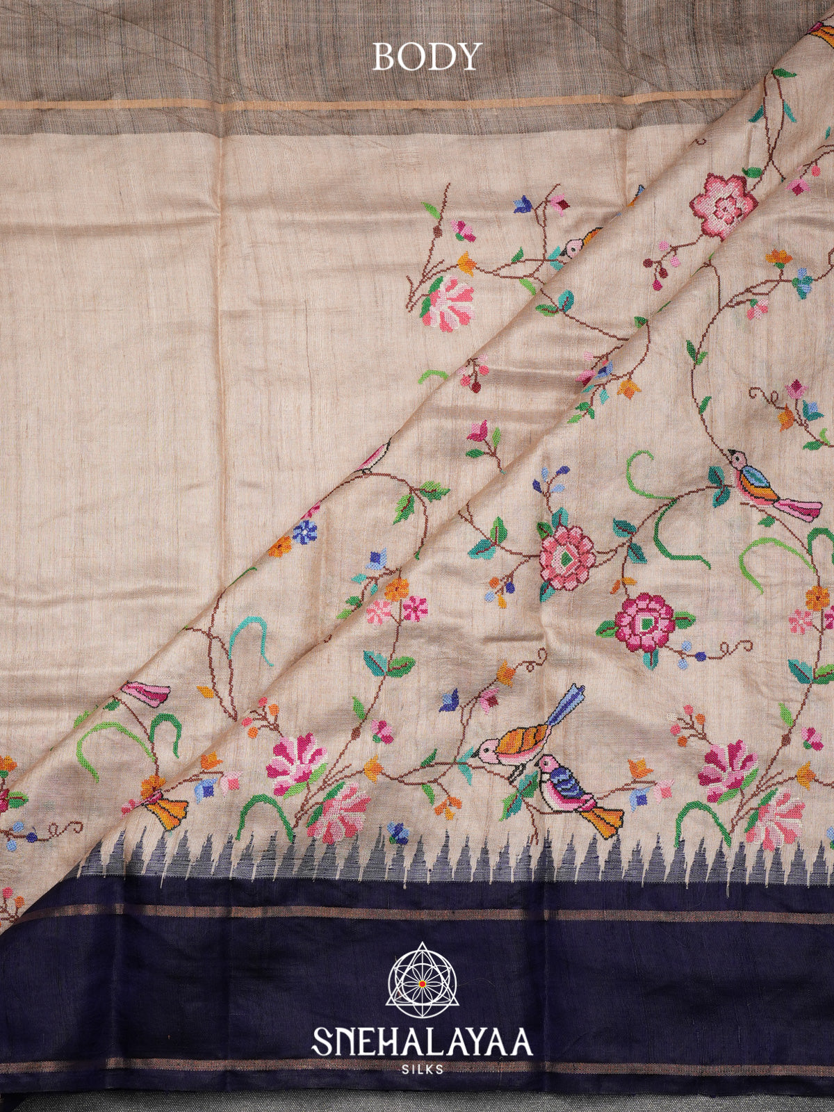 Beige Floral Embroidered Tussar Silk Saree with Blue Border
