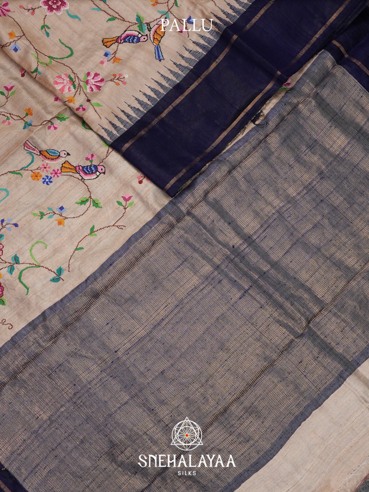 Beige Floral Embroidered Tussar Silk Saree with Blue Border