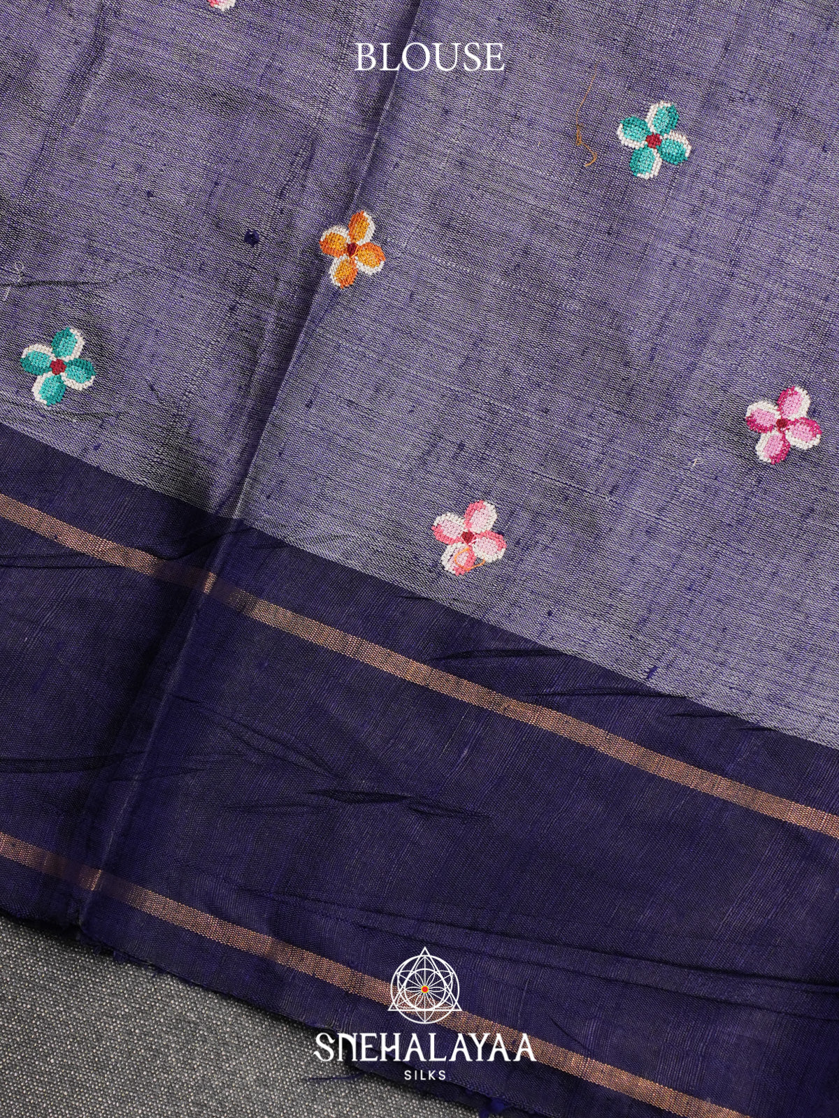 Beige Floral Embroidered Tussar Silk Saree with Blue Border