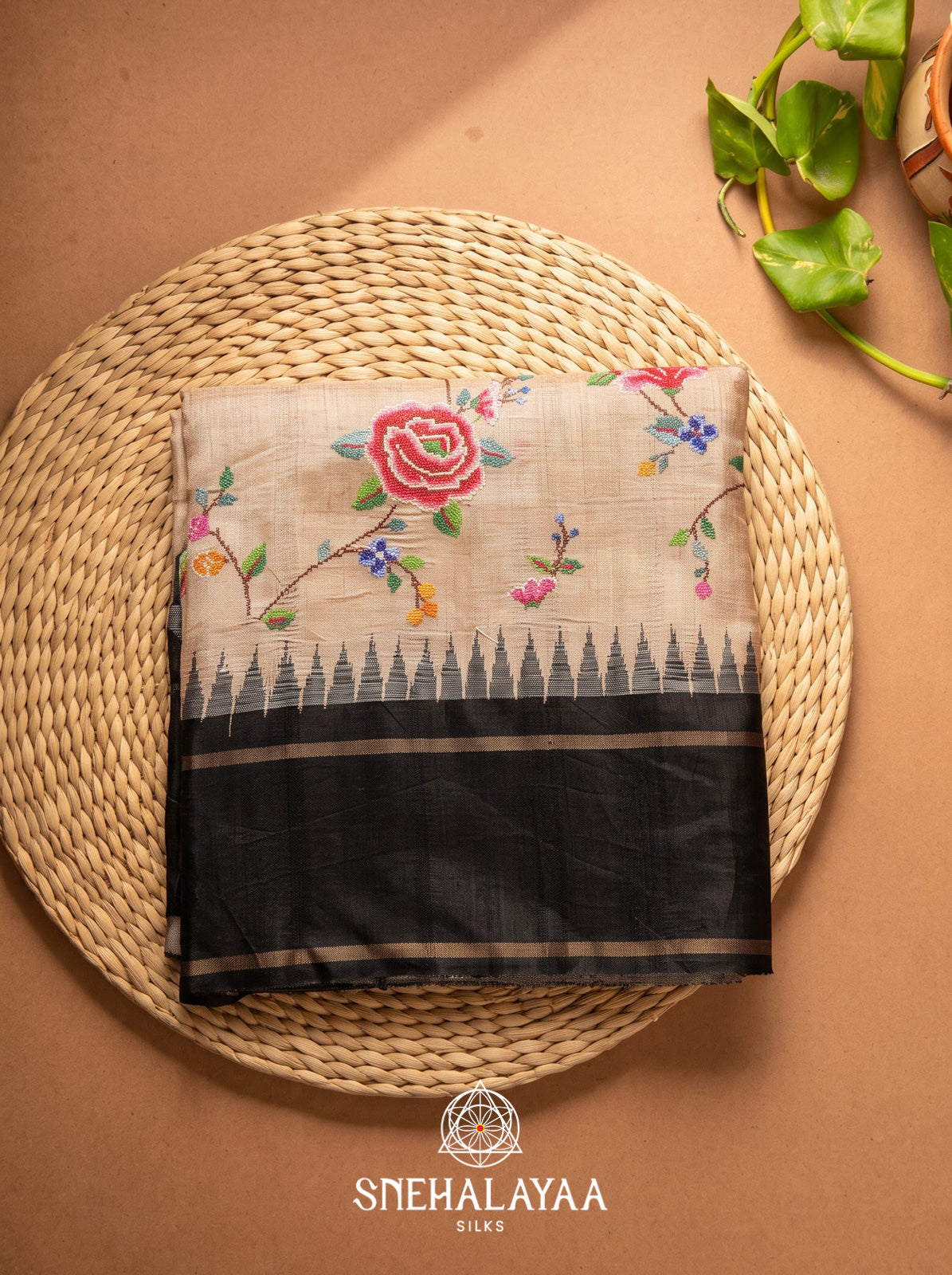 Beige Floral Embroidered Tussar Silk Saree with Black Border
