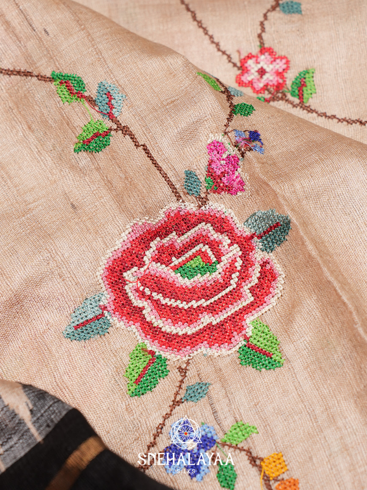Beige Floral Embroidered Tussar Silk Saree with Black Border