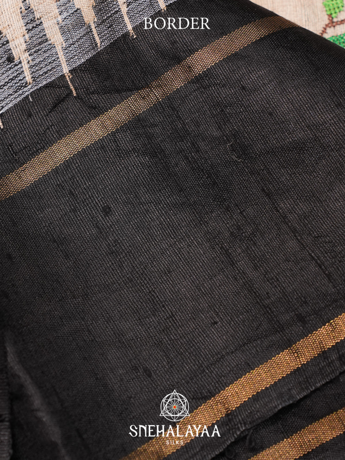 Beige Floral Embroidered Tussar Silk Saree with Black Border