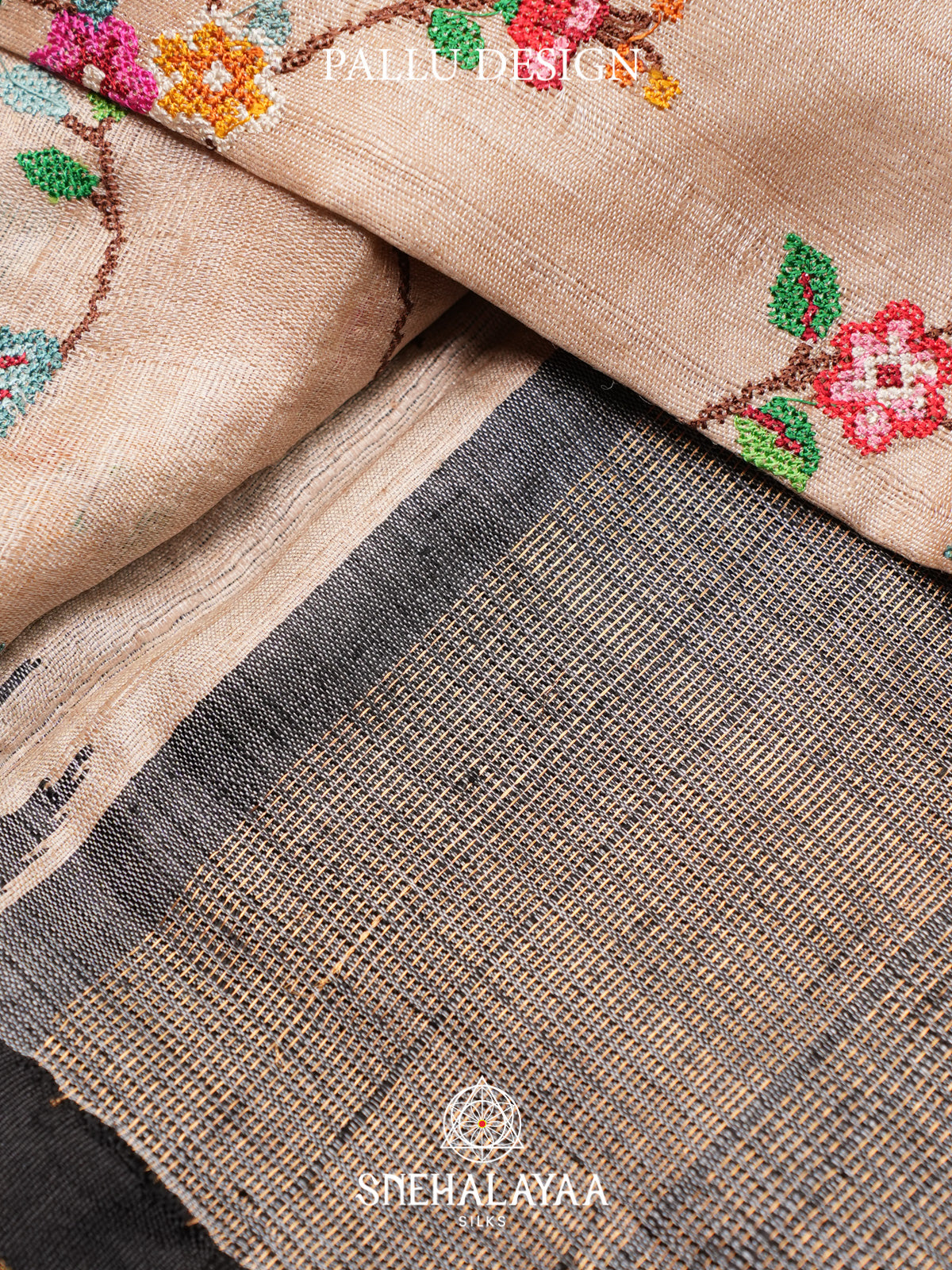 Beige Floral Embroidered Tussar Silk Saree with Black Border