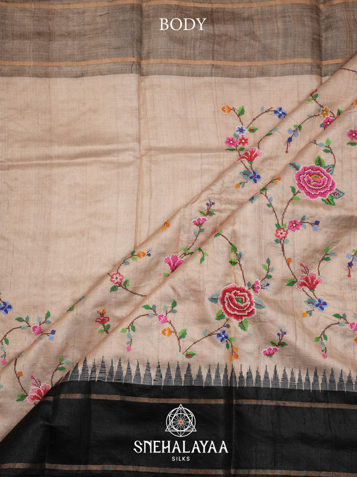 Beige Floral Embroidered Tussar Silk Saree with Black Border