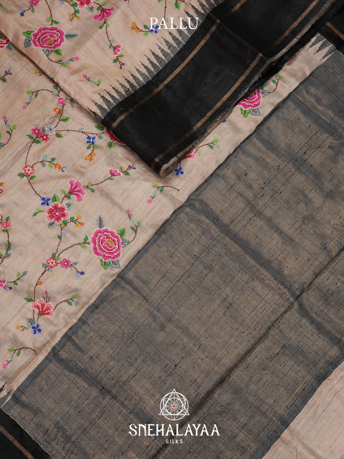Beige Floral Embroidered Tussar Silk Saree with Black Border