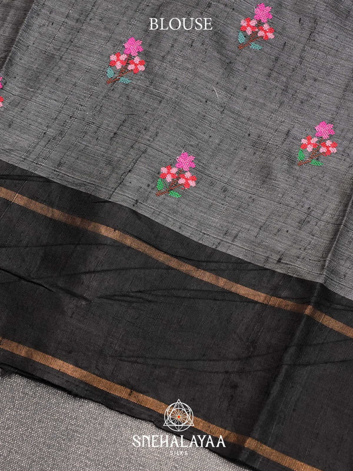 Beige Floral Embroidered Tussar Silk Saree with Black Border